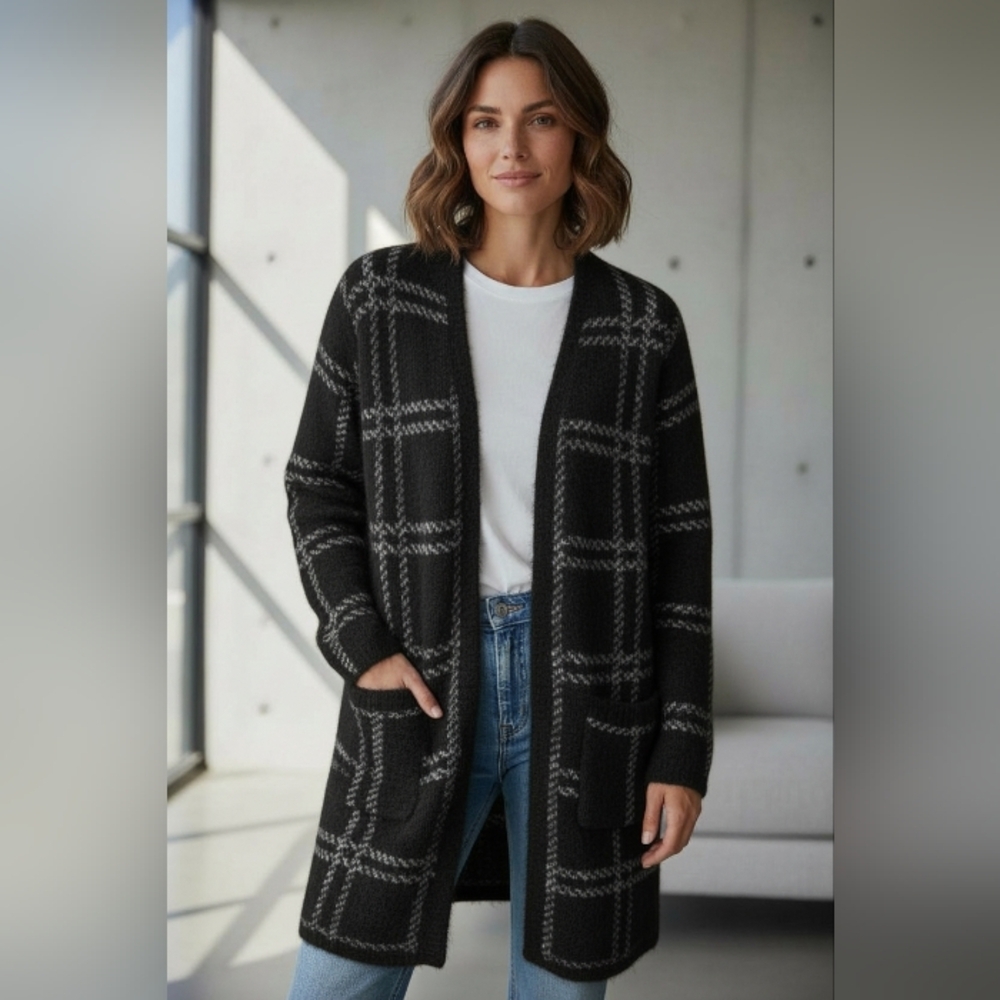 August Silk Windowpane Plaid Faux Fur Eyelash  Cardigan Sweater Coat Blazer